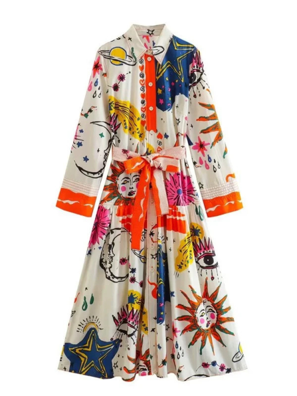 ZARA Summer Long Sleeve Belted Print Shirt Dress